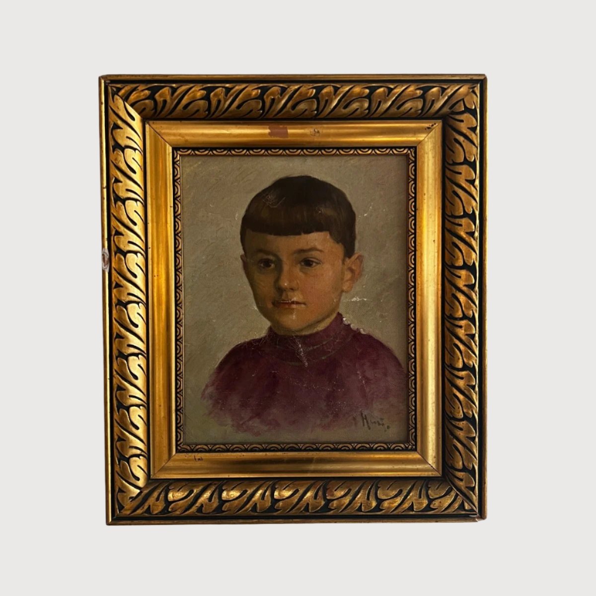 Young Boy In Red, Antique Oil Portrait